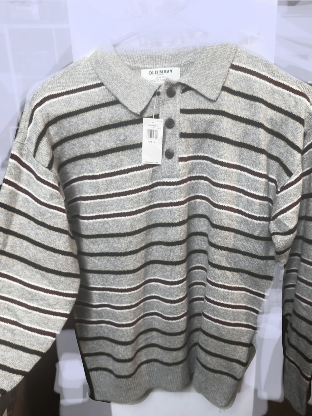 Old Navy Gray Striped Polo Sweater with Red/white and Green/tan Accents